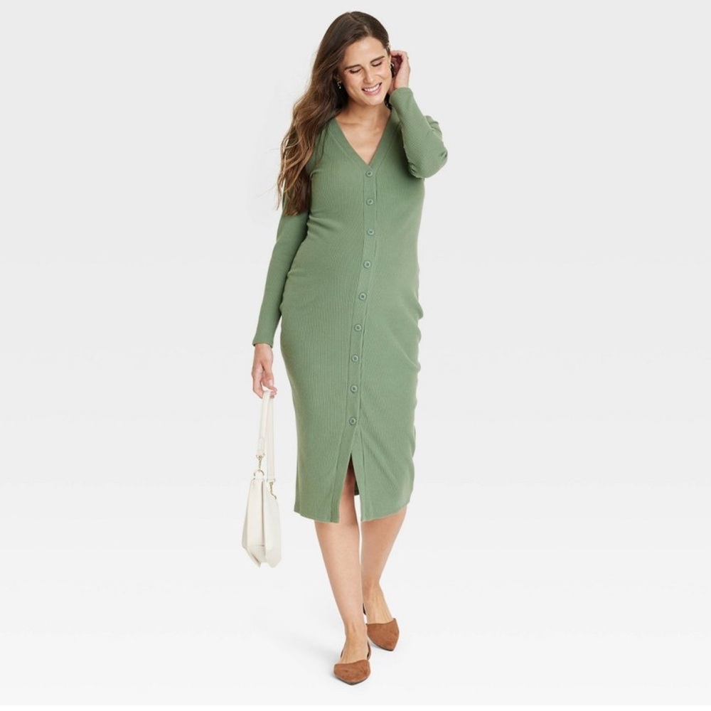 Isabel Maternity Olive Green Button-Front Ribbed Dress - XXL